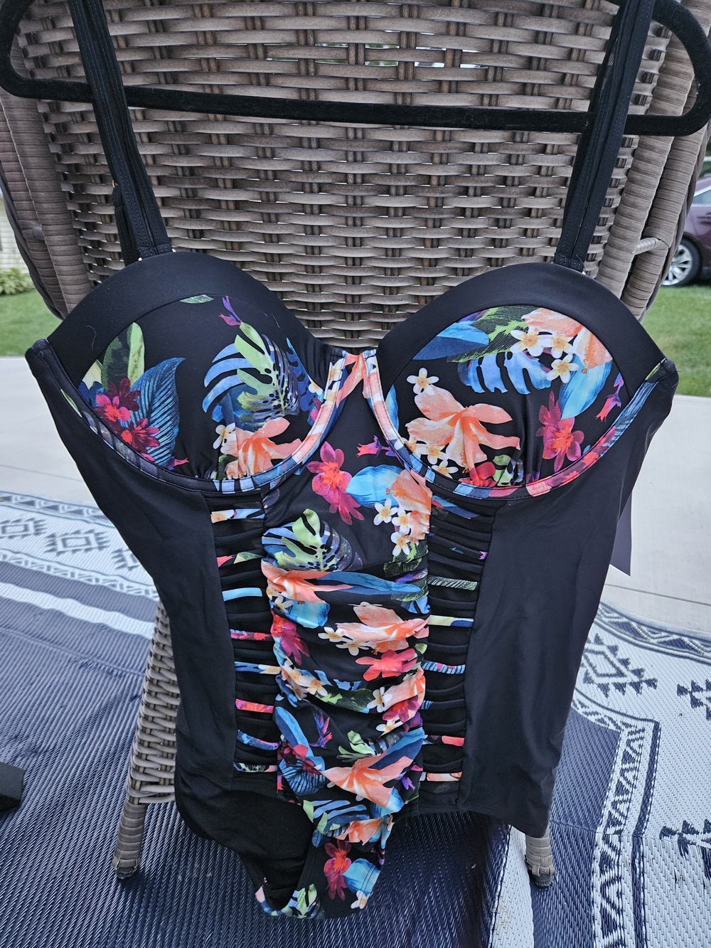 Tropical Floral One-Piece Swimsuit - Black with Multicolor Print